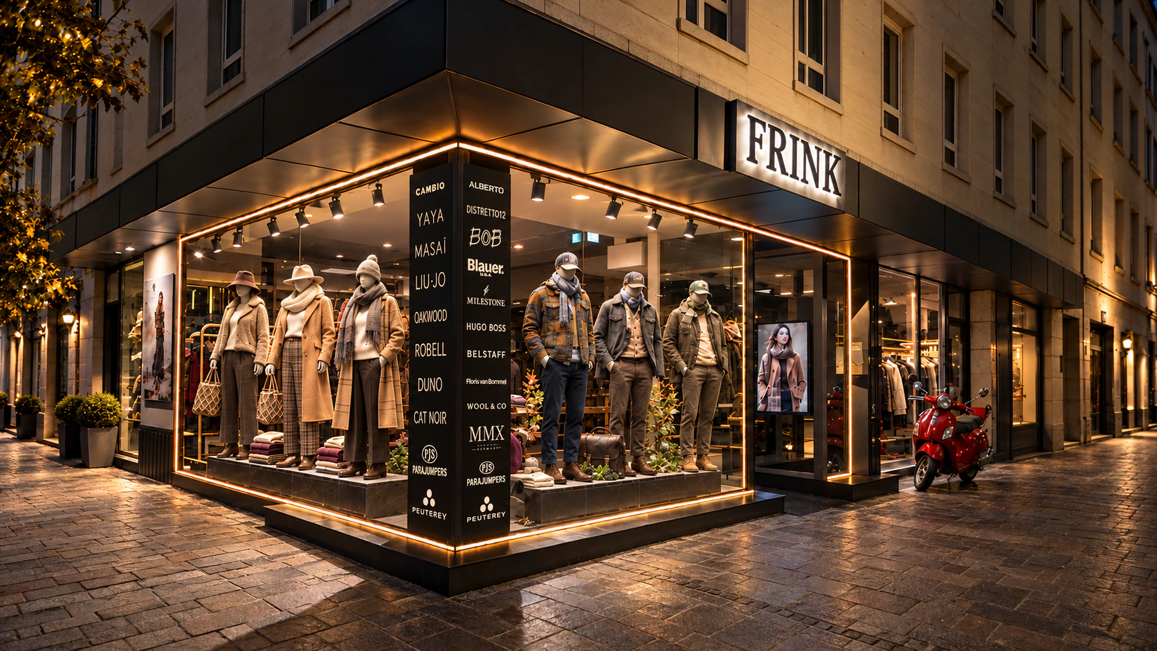 FRINK bei Nacht mit der Herbst/Winter-Kollektion 2026: links Damenmode, rechts Herrenmode.