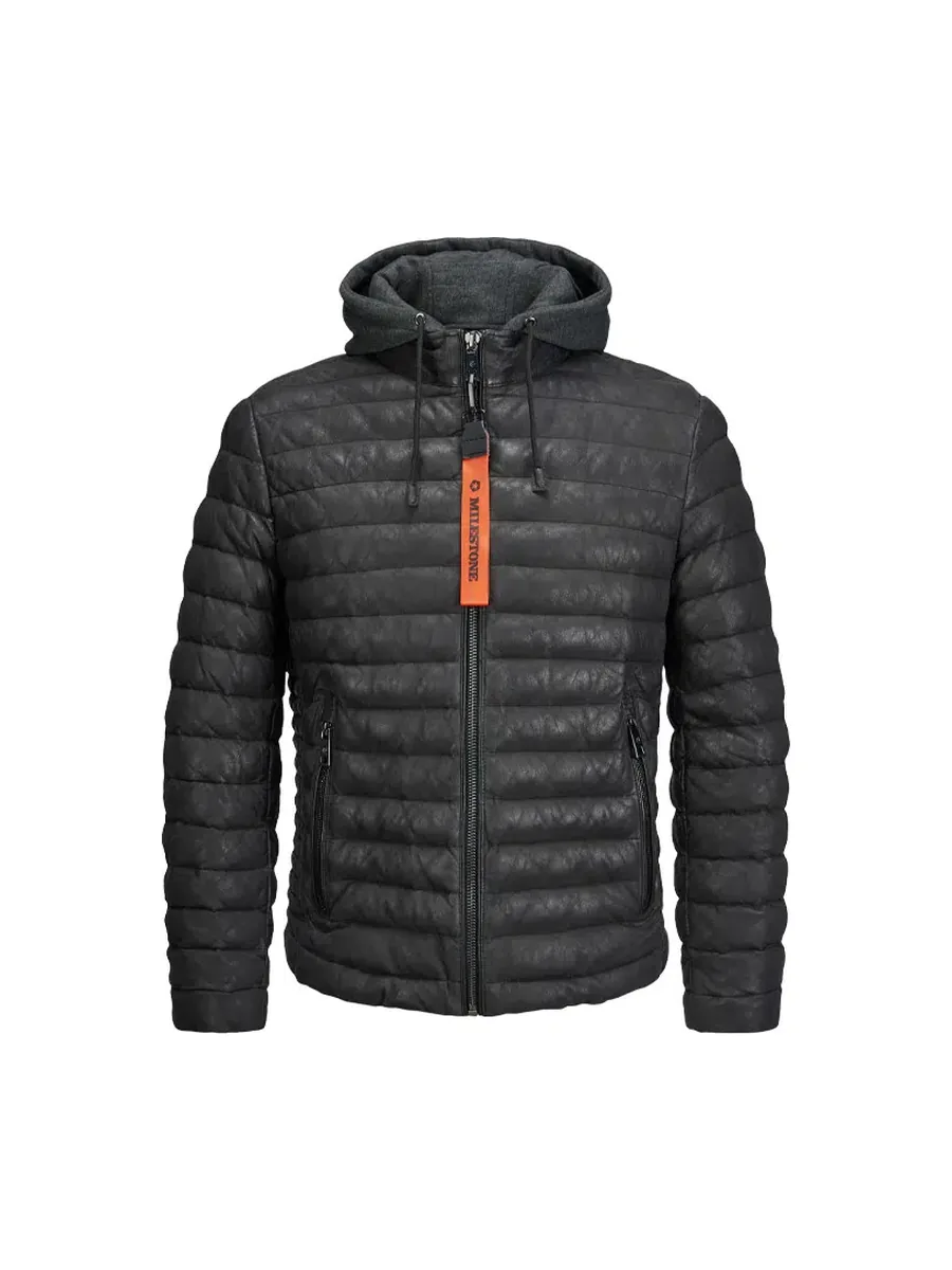 Schwarze gesteppte Lammlederjacke mit Kapuze